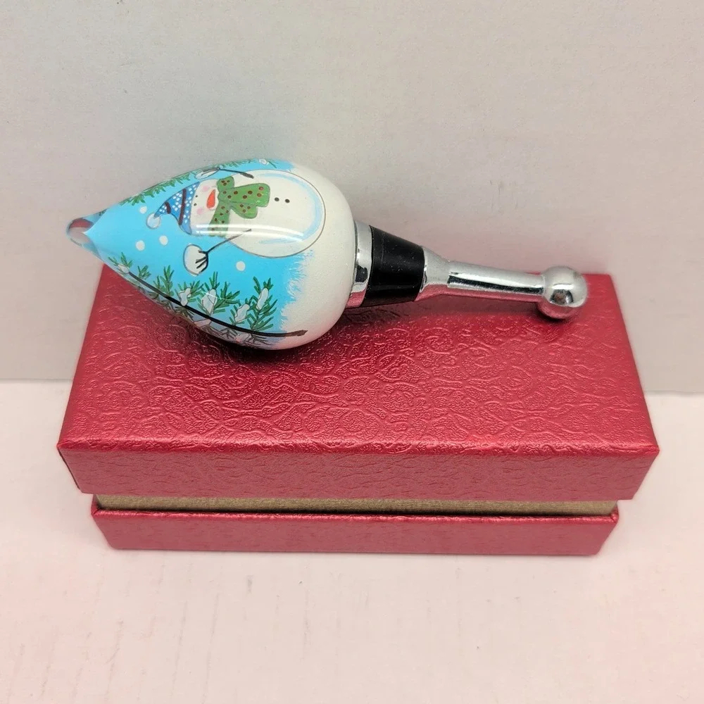 Pier 1 Li Bien Hand Painted Glass Wine Bottle Stopper 2014 Snowman Winter Scene